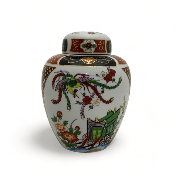 Unbranded Other - Japanese Imari Porcelain Ginger Jar Imperial Ox Cart Festival Carriage Birds VTG